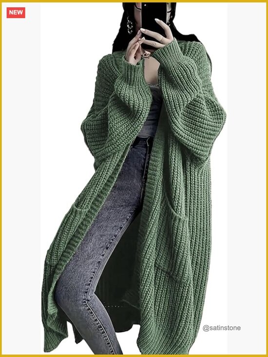 Sweaters - Long Open Front Cardigan Sweater Duster with Pockets Chunky Cable Knit